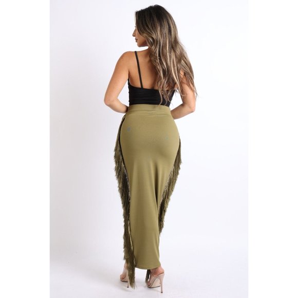 Women's Sexy Fringe Maxi Bodycon Midi Pencil Skirt High Waisted Tassels Side - Picture 7 of 8